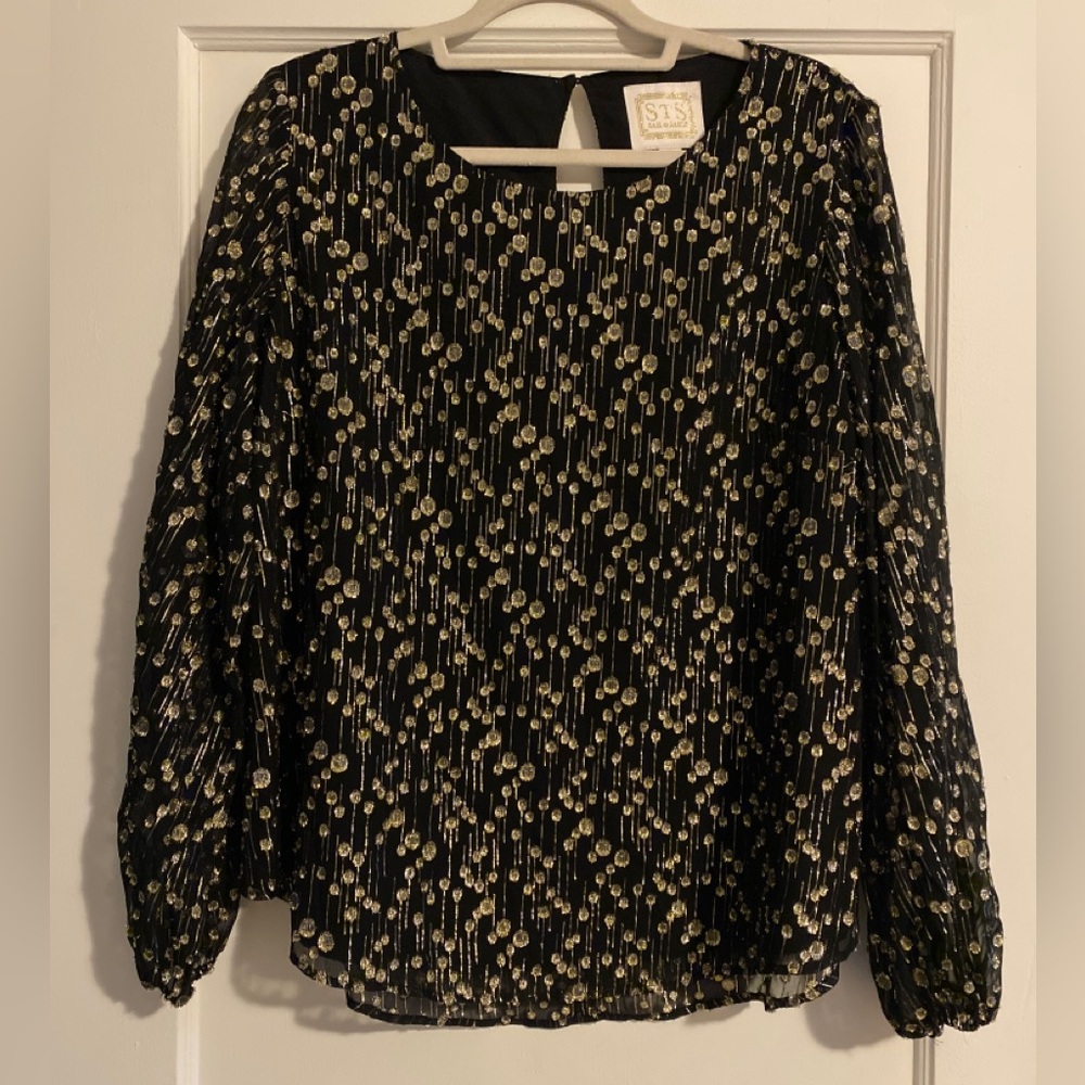 Sail to Sable Popover Silk Blend Long Sleeve Blouse Black Gold Metallic Size XL